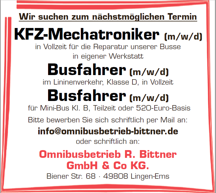 Stellenangebote - Omnibusbetrieb Bittner - Mit Uns Ans Ziel, Mit ...